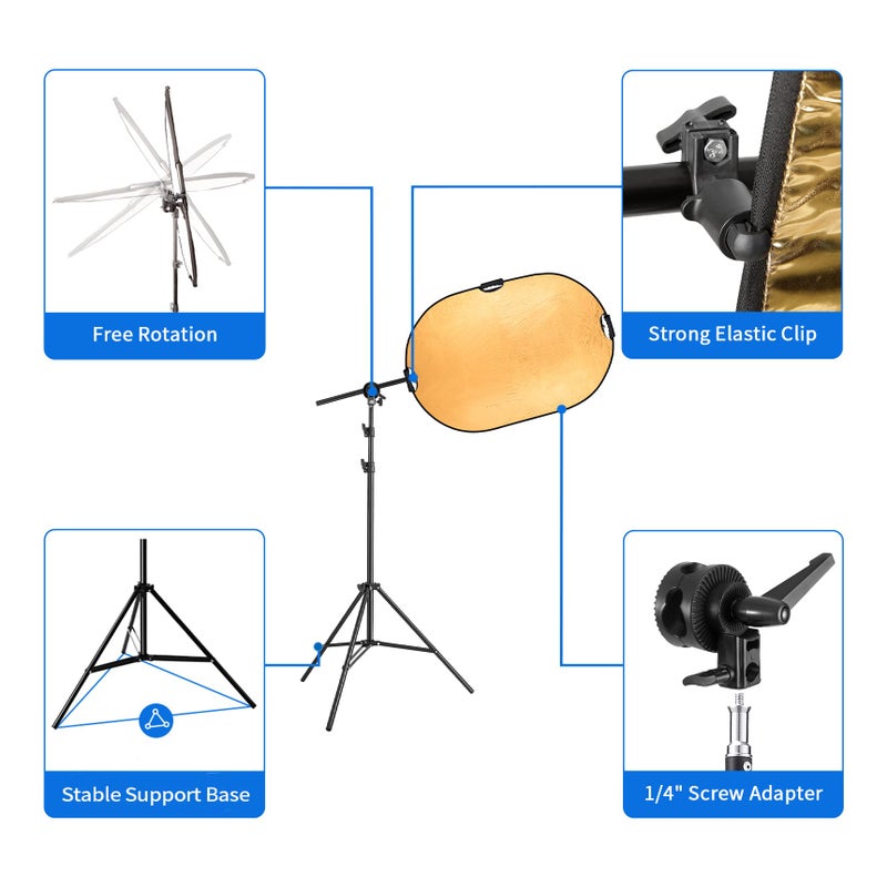 Selens Photography Reflector Stand kit, 24x36 inches 5 in 1 reflectors with 78 inches Light Stands and Extendable Holder Arm Clips for Photo Studio Lighting - Image 4